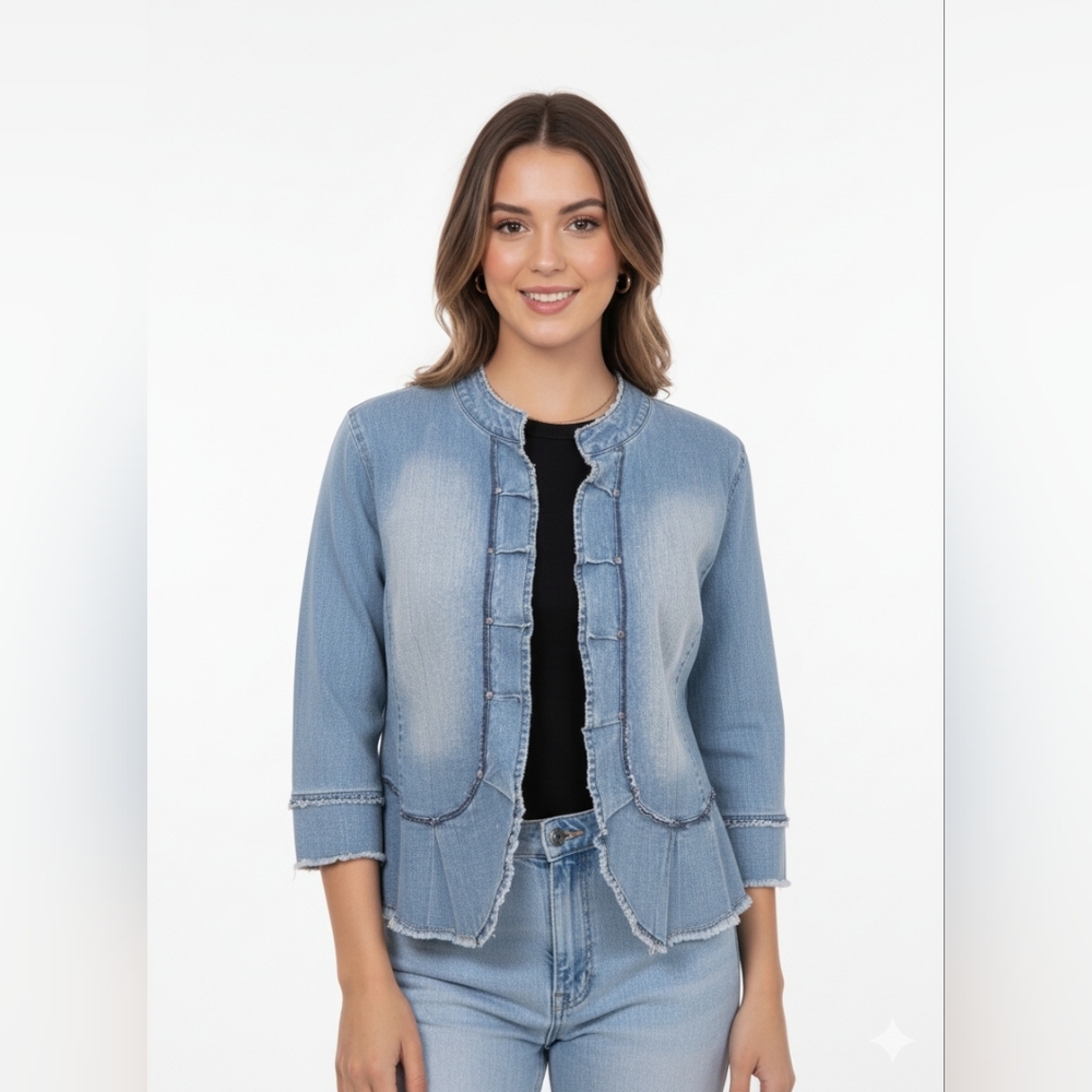 Multiples Womens Denim Open Front Boho Chic Ruffle Front Jacket Size Medium‎